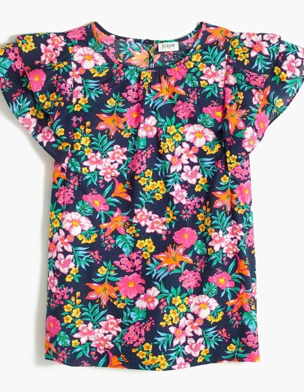 J Crew Flutter Cap Sleeve Top Blue Floral Hawaiian Medium Cotton Resort